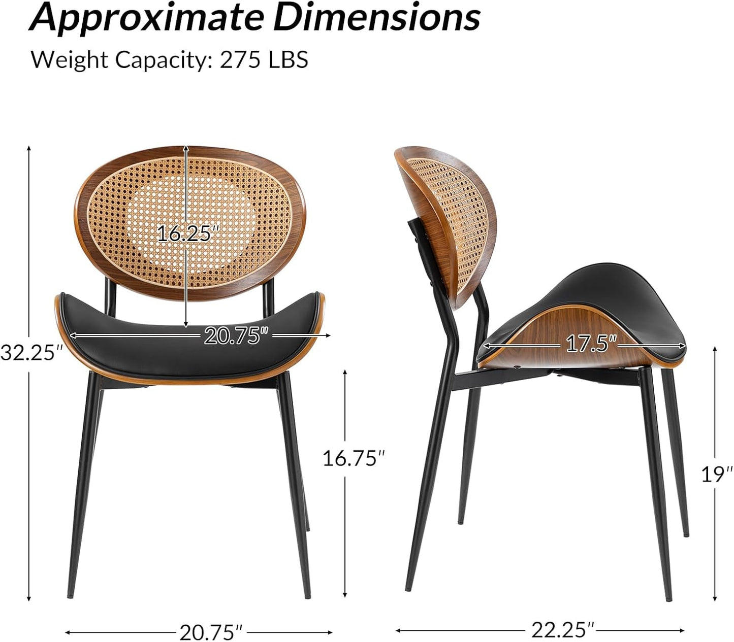 Matte Black Leather Dining Chairs Rattan Backrests