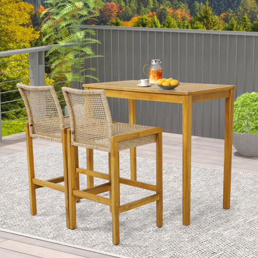 Set of 2 Rattan Patio Wood Barstools Dining Chairs with Backrest-Set of 2