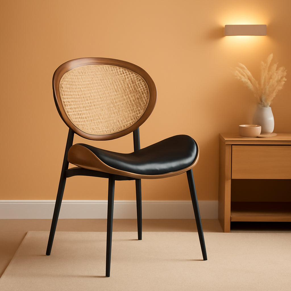 Matte Black Leather Dining Chairs Rattan Backrests