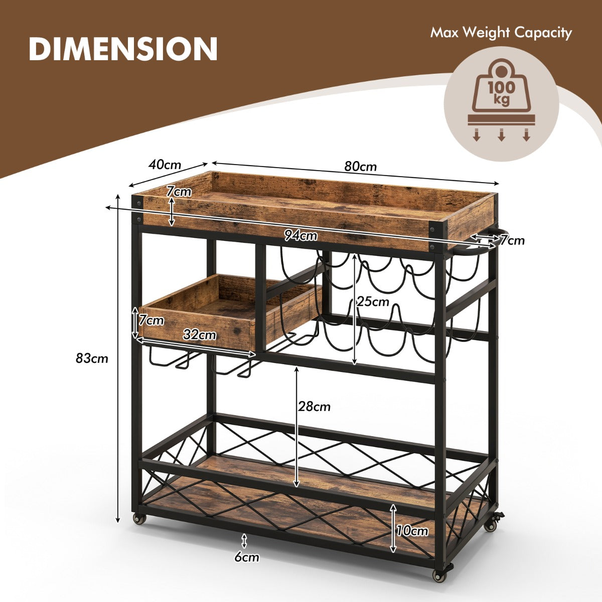 3-Tier Rolling Bar Cart with Removable Tray