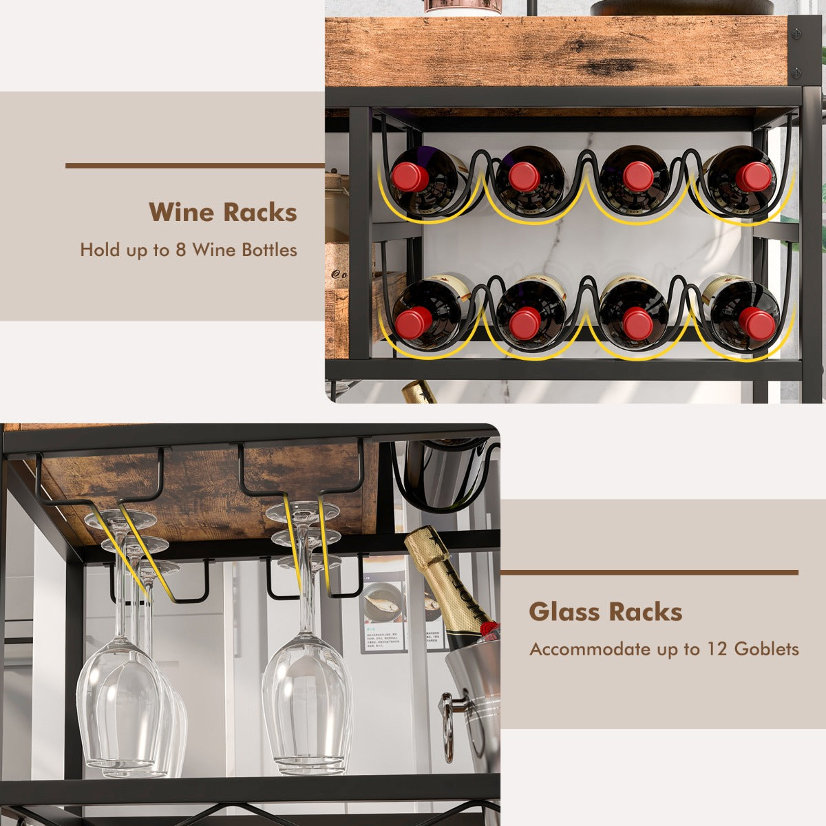 3-Tier Rolling Bar Cart with Removable Tray