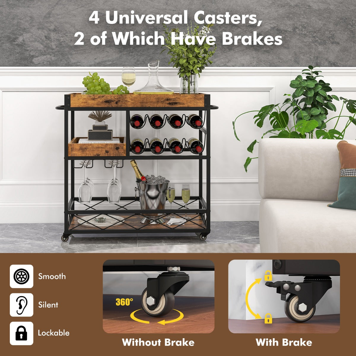 3-Tier Rolling Bar Cart with Removable Tray